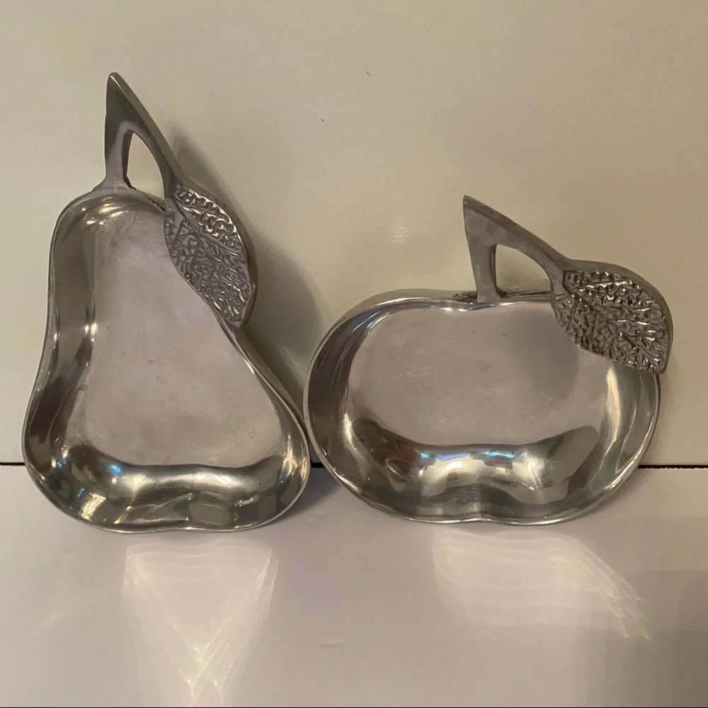 PIER 1 DISHES PAIR SILVER TONE APPLE PEAR HOME DINING SERVE WARE DECOR ACCENT